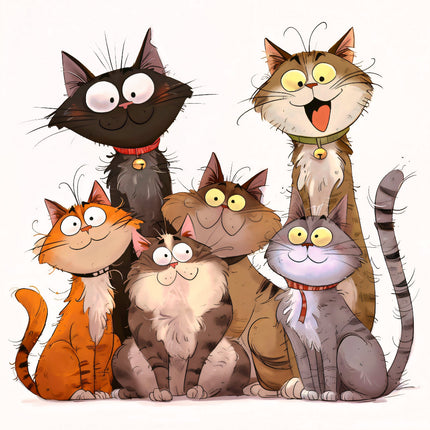 Illustration of six cartoon cats in various colors and poses fabric panel