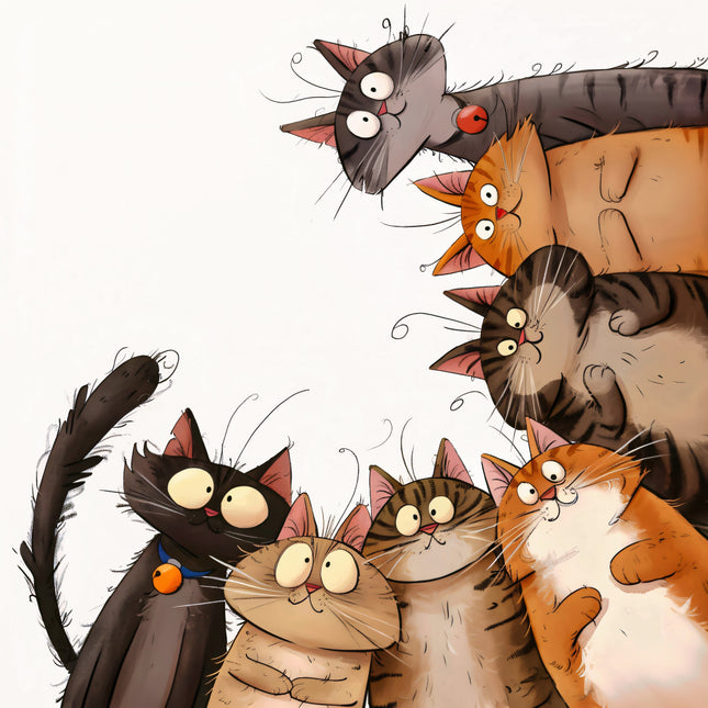 six cartoon cats in various colors and poses fabric panel