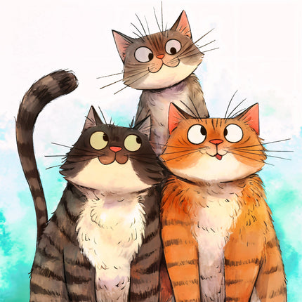 Three cartoon cats with different fur patterns on a light blue background fabric panel