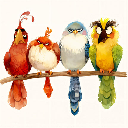 Four colorful cartoon birds perched on a branch quilt panel