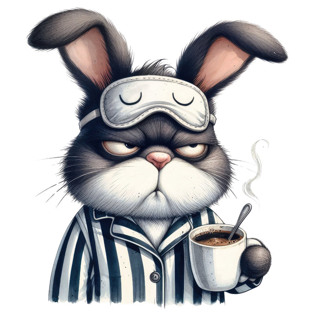 rabbit wearing a sleep mask and holding a cup of coffee fabric panel