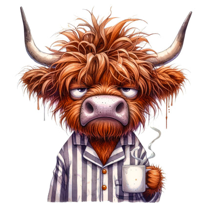  highland cow in pajamas holding a mug fabric panel