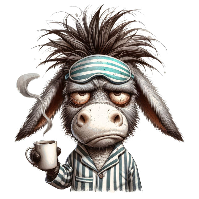 Cartoon donkey in pajamas with a sleep mask and coffee cup fabric panel