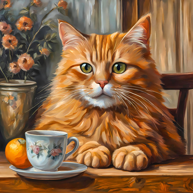 Painting of an orange cat sitting on a table fabric panel