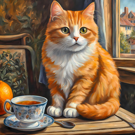 Painting of an orange and white cat sitting on a table with a cup of tea quilt panel