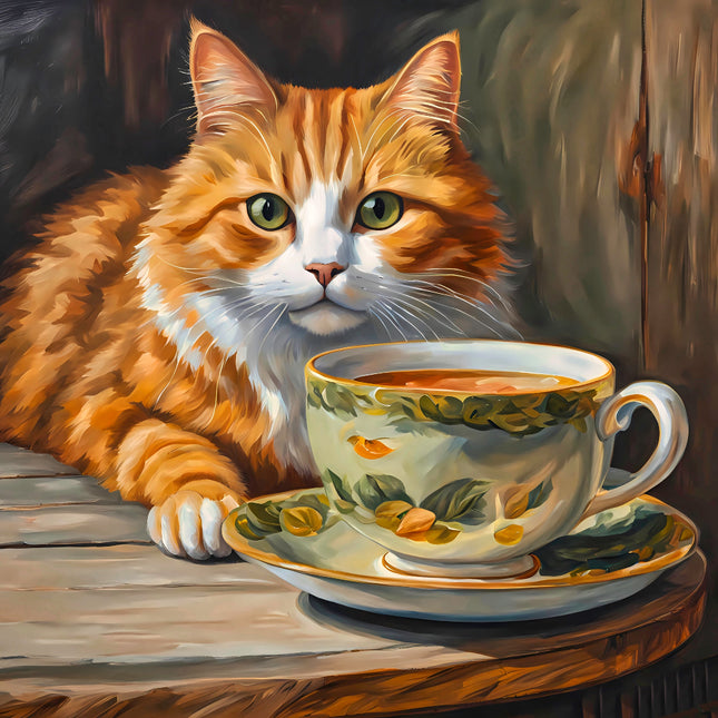 Painting of a cat with a cup of tea fabric panel