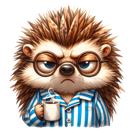  hedgehog wearing glasses and a striped shirt, holding a cup quilt block
