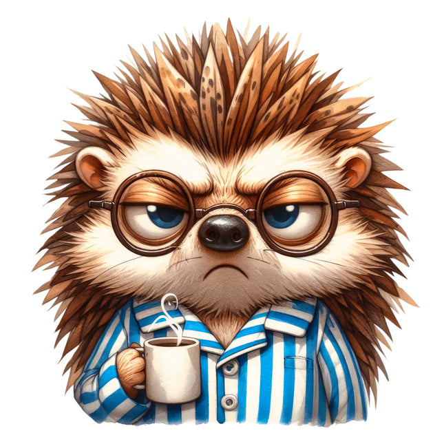  hedgehog wearing glasses and a striped shirt, holding a cup quilt block
