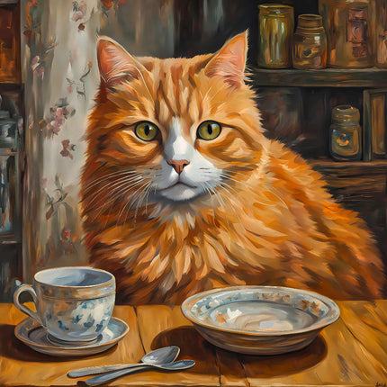 Painting of an orange cat sitting on a table with a teacup and bowls quilt panel