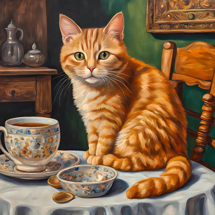 Cat sitting at a table fabric panel