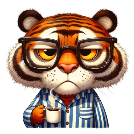 Cartoon tiger wearing glasses and a striped shirt holding a cup.