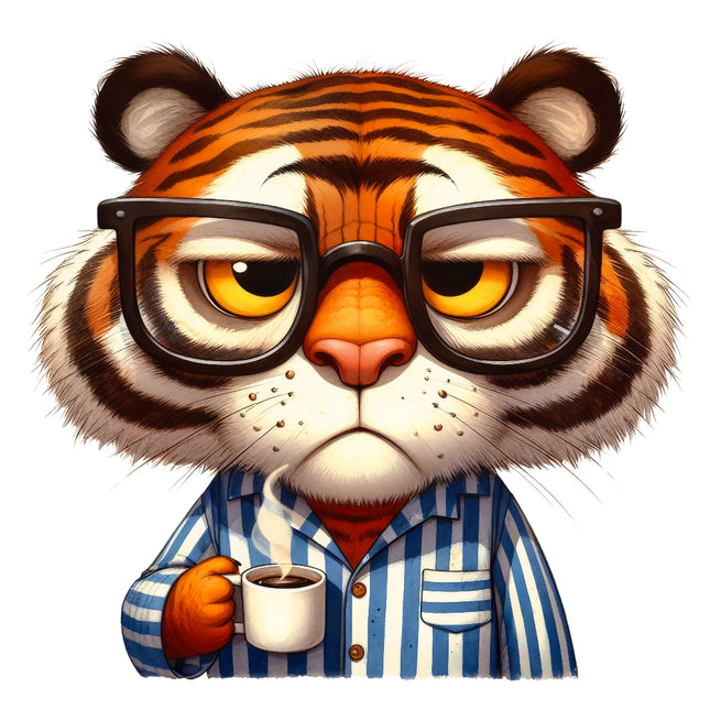 Cartoon tiger wearing glasses and a striped shirt holding a cup.