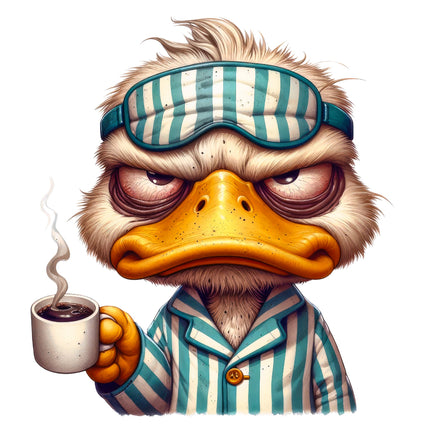 duck wearing pajamas and a sleep mask, holding a cup of coffee fabric panel