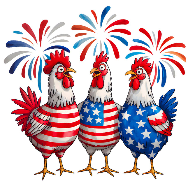 Three cartoon chickens in American flag colors fabric panel