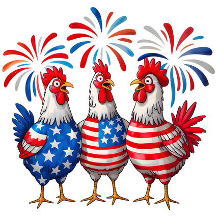Three cartoon chickens with American flag patterns and fireworks FABRIC PANEL