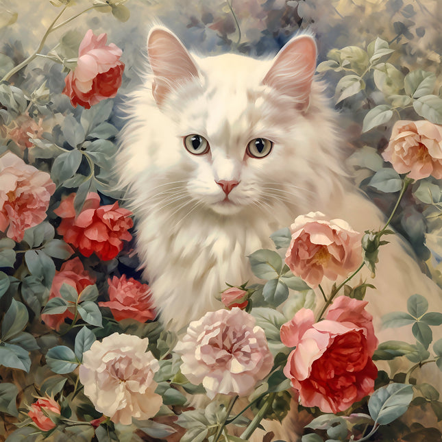 White cat among flowers in a vintage-style painting fabric panel