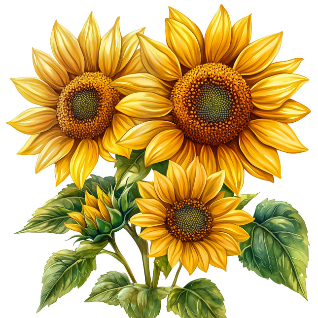 Three sunflowers with green leaves on a white background
