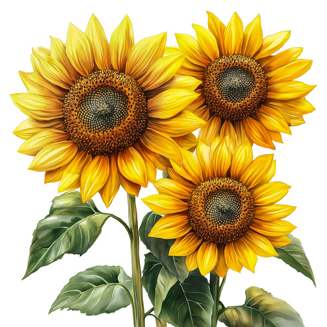Three sunflowers with green leaves on a white background