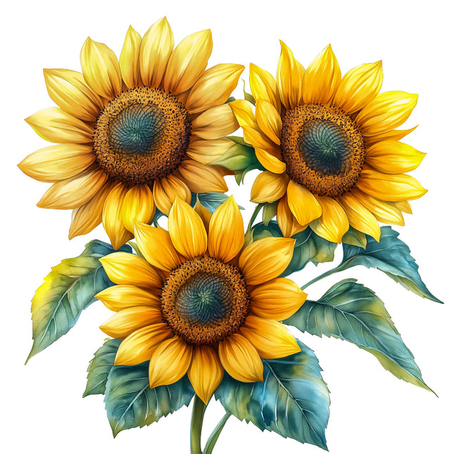 Three vibrant sunflowers with green leaves fabric panel
