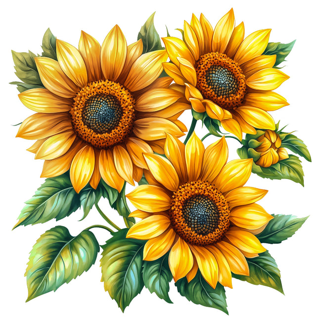 Three vibrant sunflowers with green leaves fabric panel