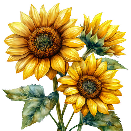 Three detailed sunflowers with green leaves fabric panel