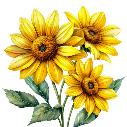 Three yellow sunflowers with green leaves quilt panel