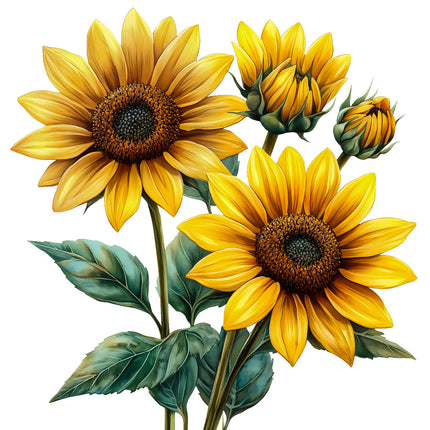 Illustration of three sunflowers with green leaves quilt panel