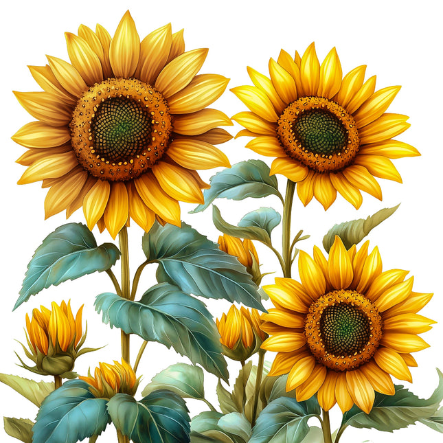 Illustration of sunflowers with green leaves fabric panel