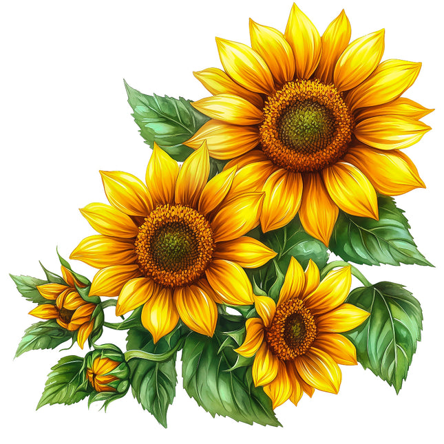 Illustration of three sunflowers with green leaves quilt panel