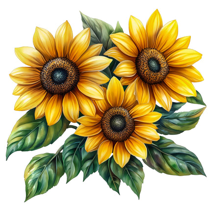 Three sunflowers with green leaves quilt panel