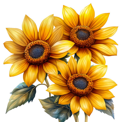 Three yellow sunflowers with green leaves quilt panel