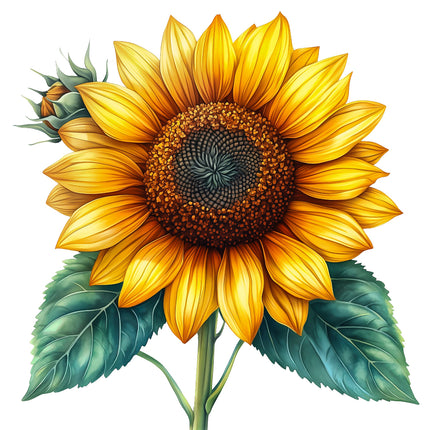 Illustration of a sunflower with detailed petals and leaves quilt panel