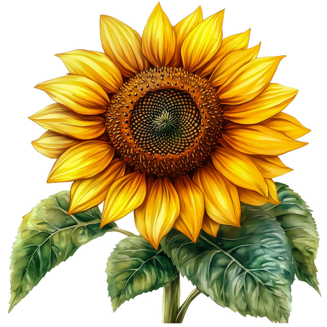 Detailed illustration of a sunflower with green leaves fabric panel