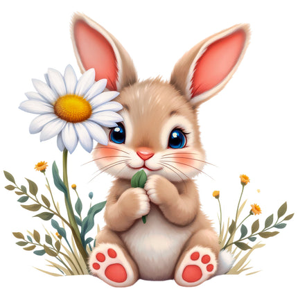 bunny holding a daisy flower quilt square