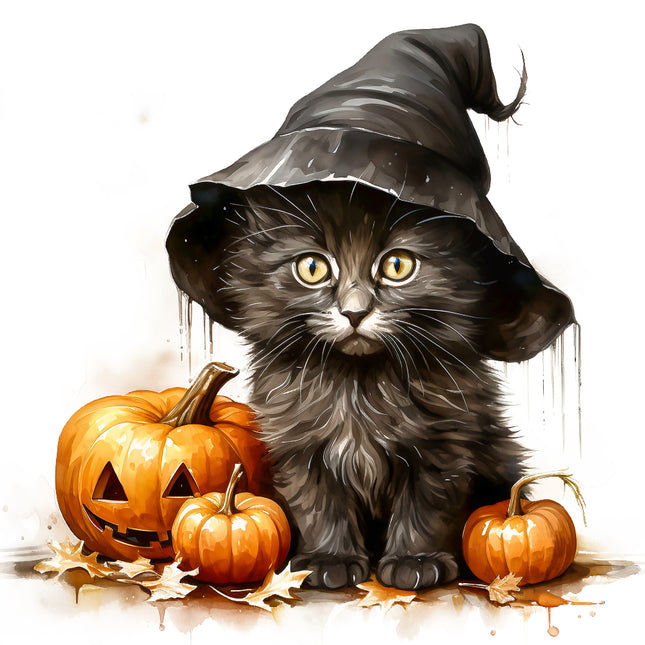 Cat wearing a witch hat with pumpkins fabric panel