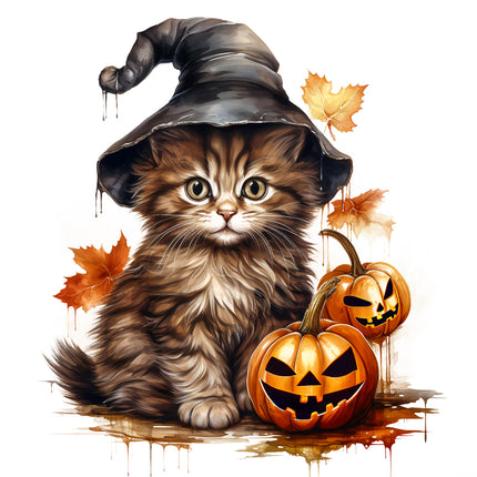 Cat wearing a witch hat with Halloween pumpkins quilt panel