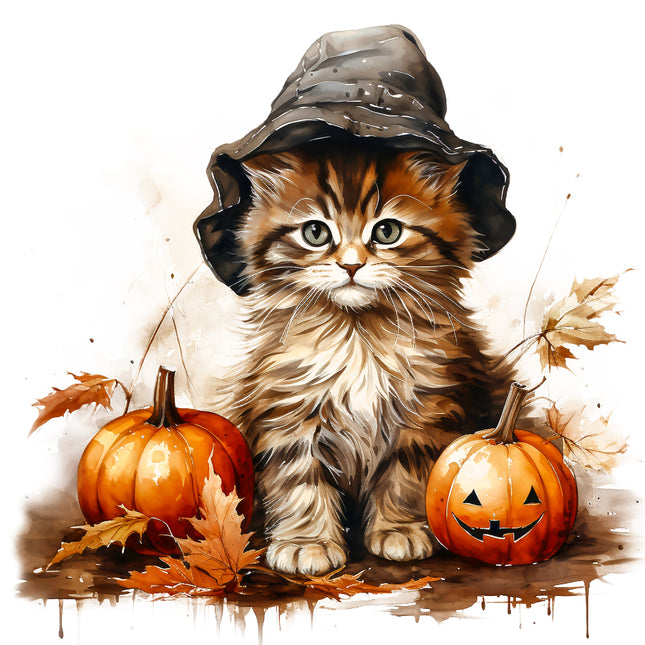 Cat in a witch hat with pumpkins fabric panel