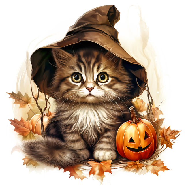Cat in a witch hat with a pumpkin quilt panel