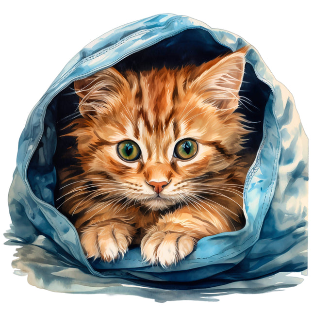 Kitten peeking out from a blue fabric pocket panel