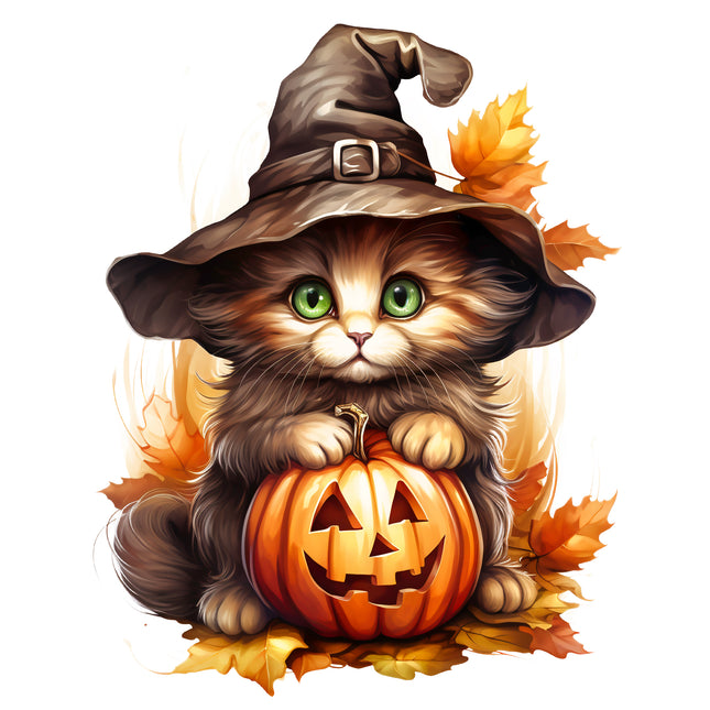 Cat With Pumpkin Halloween 100% Cotton Fabric Panel Block T330