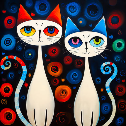 Two colorful cats with swirling background fabric panel
