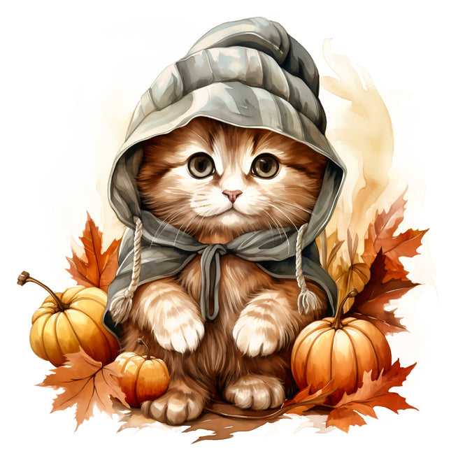 Cat with pumpkins and autumn leaves fabric panel
