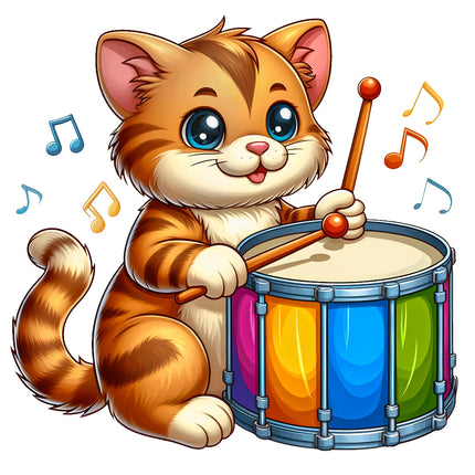 Cartoon cat playing a colorful drum quilt block