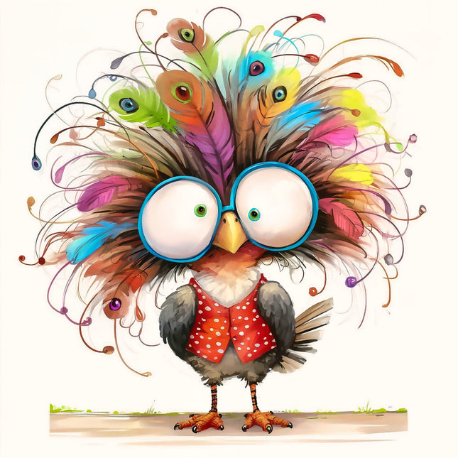 Colorful cartoon owl with large eyes and a red polka dot shirt fabric panel