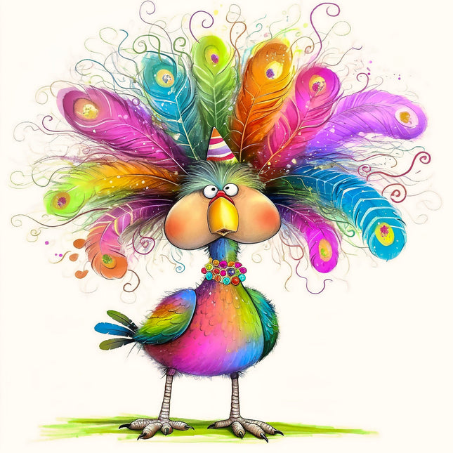 Colorful cartoon bird with peacock feathers quilt block