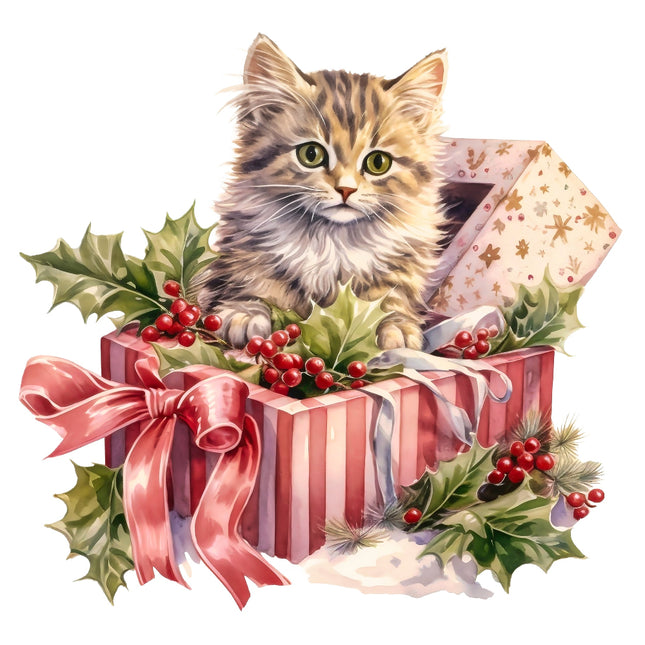 Cat peeking out from a Christmas gift box with holly and berries FABRIC PANEL