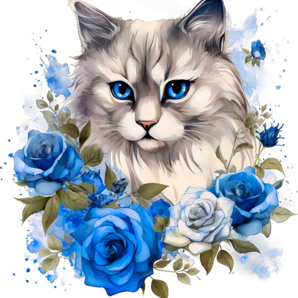 Cat with blue eyes surrounded by blue flowers fabric panel
