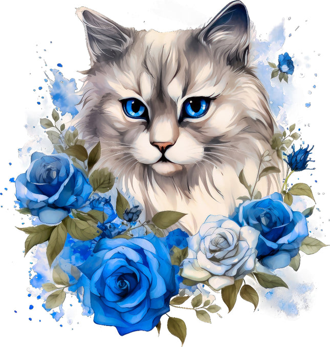 Cat with blue eyes surrounded by blue flowers fabric panel