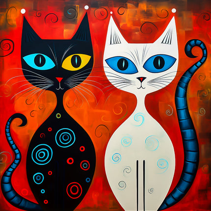 Two stylized cats, one black and one white, with colorful eyes on a red background.