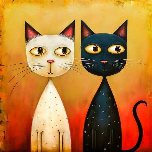 Two cartoon cats, one white and one black fabric panel